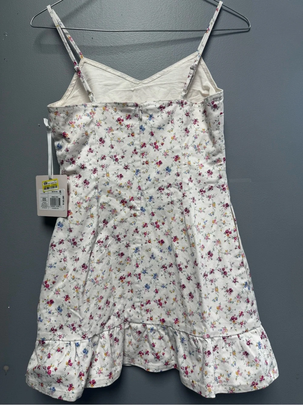 LoveShackFancy White Floral dress Ruffle Hem youth size 12 denim side pockets
